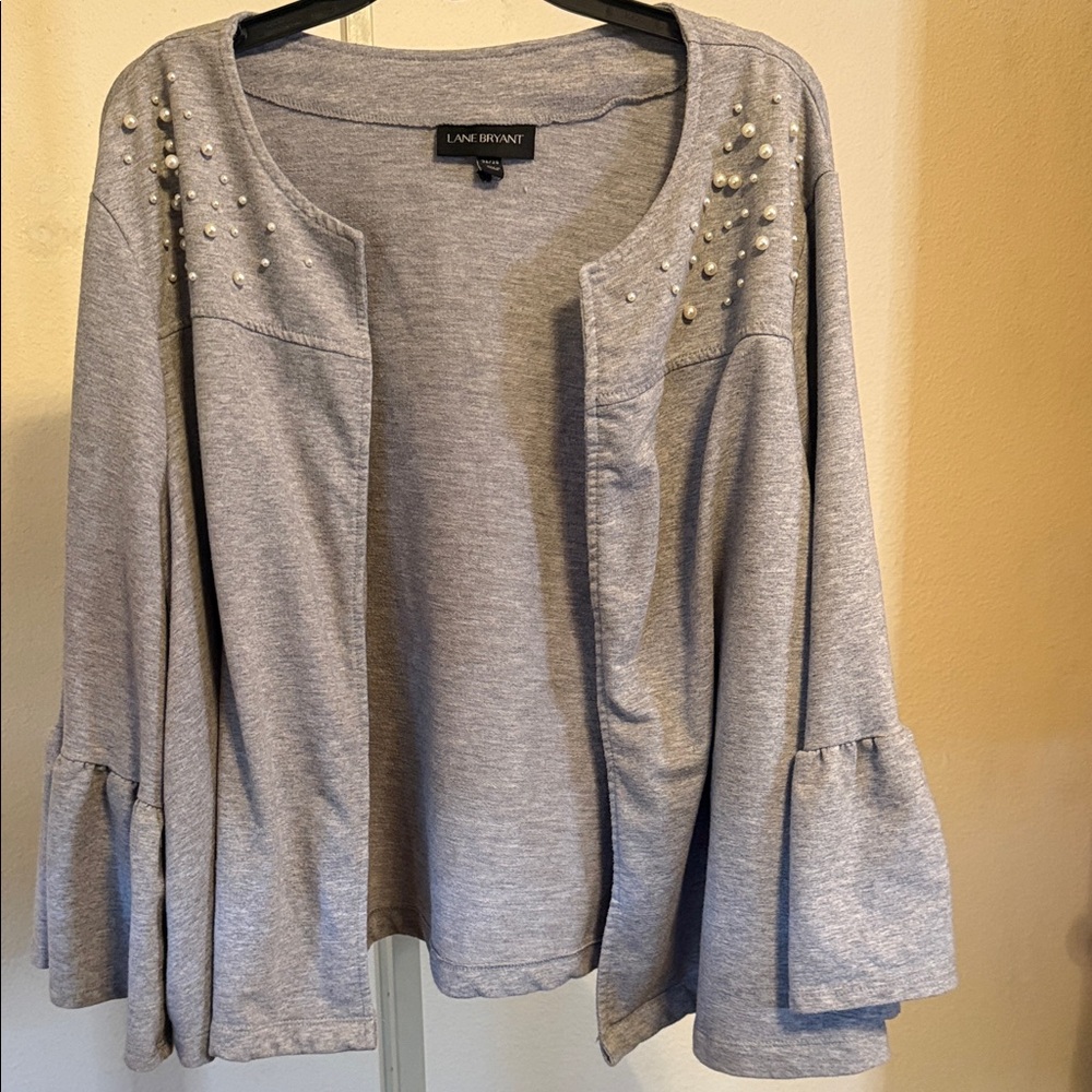 Lane Bryant Light Gray Pearl-Embellished Open Cardigan